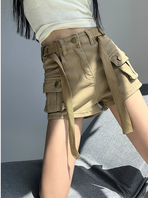 Celana pendek DENIM มีกระเป๋าขนาดใหญ่สำหรับผู้หญิงกางเกงยีนส์ขาสั้นเข้ารูปเอวสูงสไตล์วินเทจแบบอเมริกันสำหรับฤดูร้อน