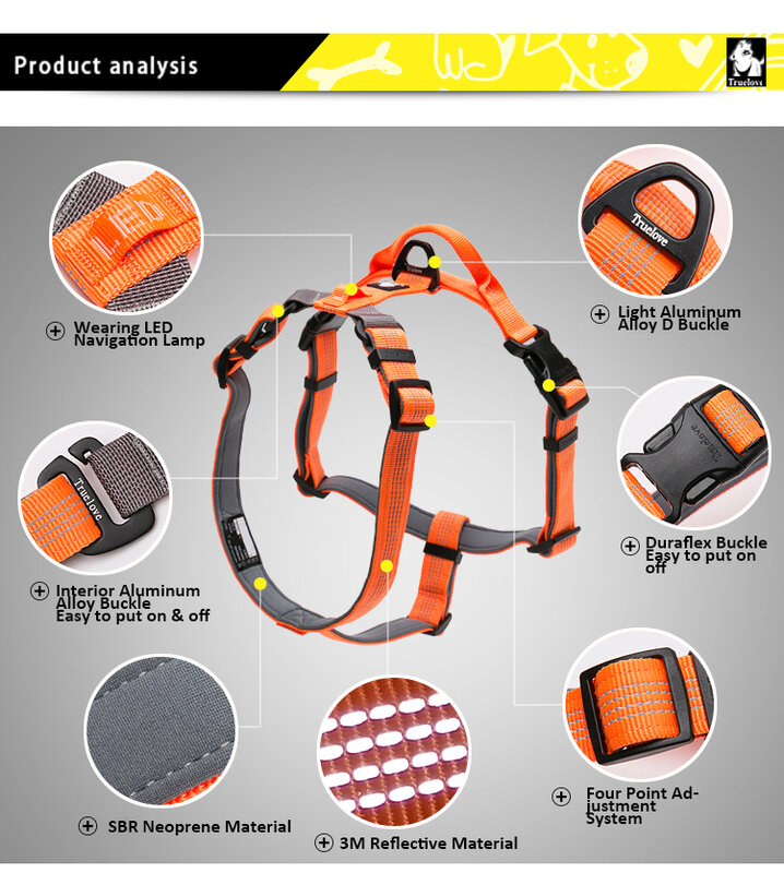 Truelove Pet Harness Adjustable No-Pull 3M Reflective Nylon with Collar Leash LED Light Neoprene Padded Hiking Running TLH6171