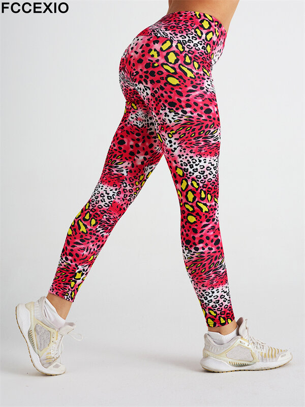 FCCEXIO-Pink Leopard 3D leggings push up impressão para mulheres, calças justas, calças casuais femininas, leggings sexy de fitness, corrida e esportes