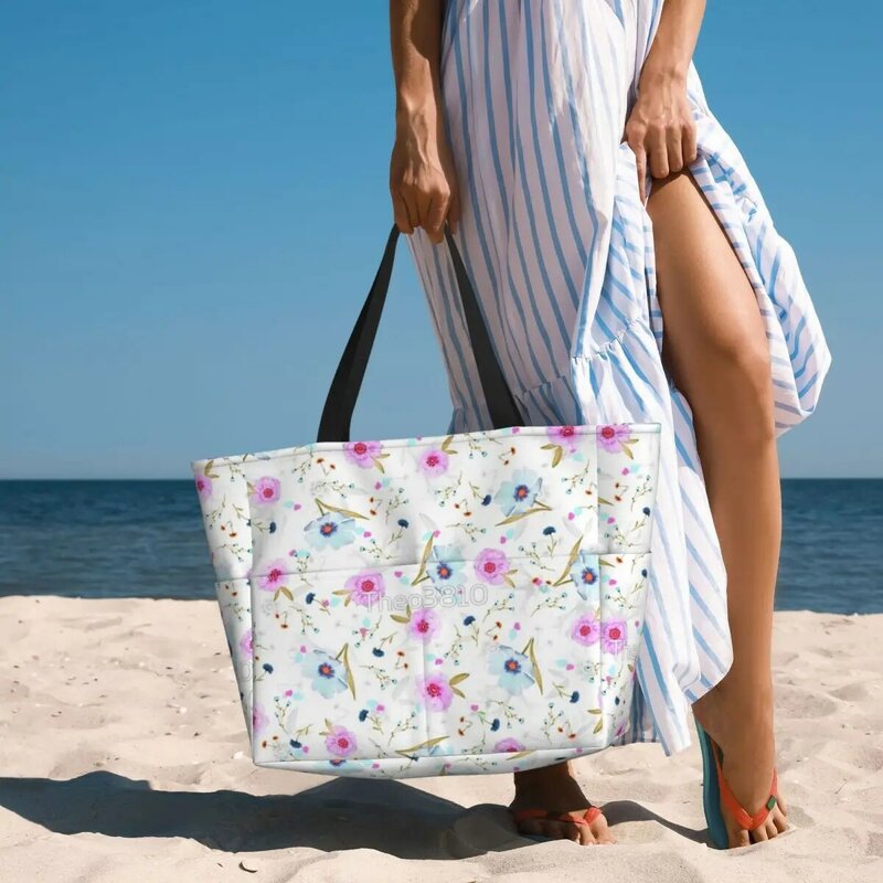 حقيبة سفر للشاطئ بتصميم أزهار ، حقيبة كتف متعددة الأنماط ، تصميم زهور ، للعطلات والتسوق