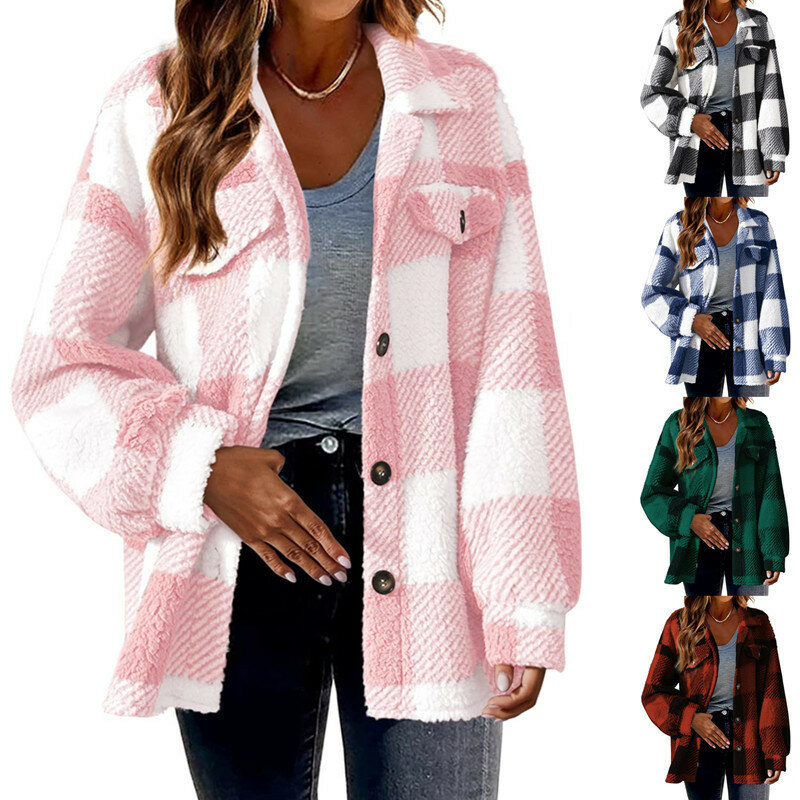 Jaqueta de lã xadrez feminina com bolsos, casaco casual solto, confortável e versátil, botão, nova moda, outono e inverno, 2023