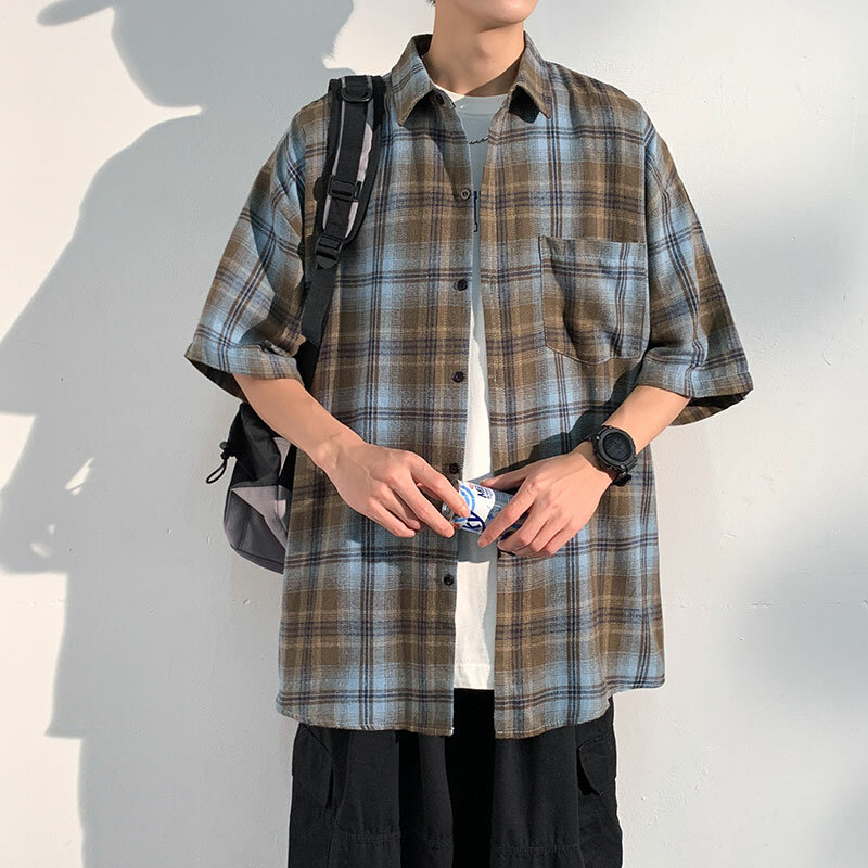 Camisa de manga corta para hombre, camisa holgada a cuadros de viento de Hong Kong, de verano, nueva