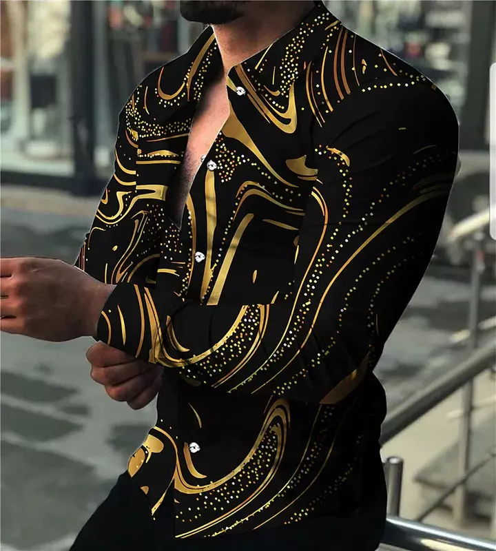 Fall Spring Fashion Luxury Social Men's Shirts Lapel Button-Up Shirts Casual Dot Gold Pattern Print Long Sleeve Top Men's