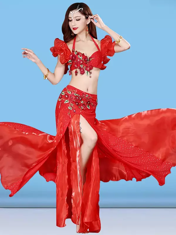 Roupa dançante indiana para mulheres, sutiã com dança do ventre, bordado frisado, saias de fenda, figurino de performance de palco, roupas femininas, verão