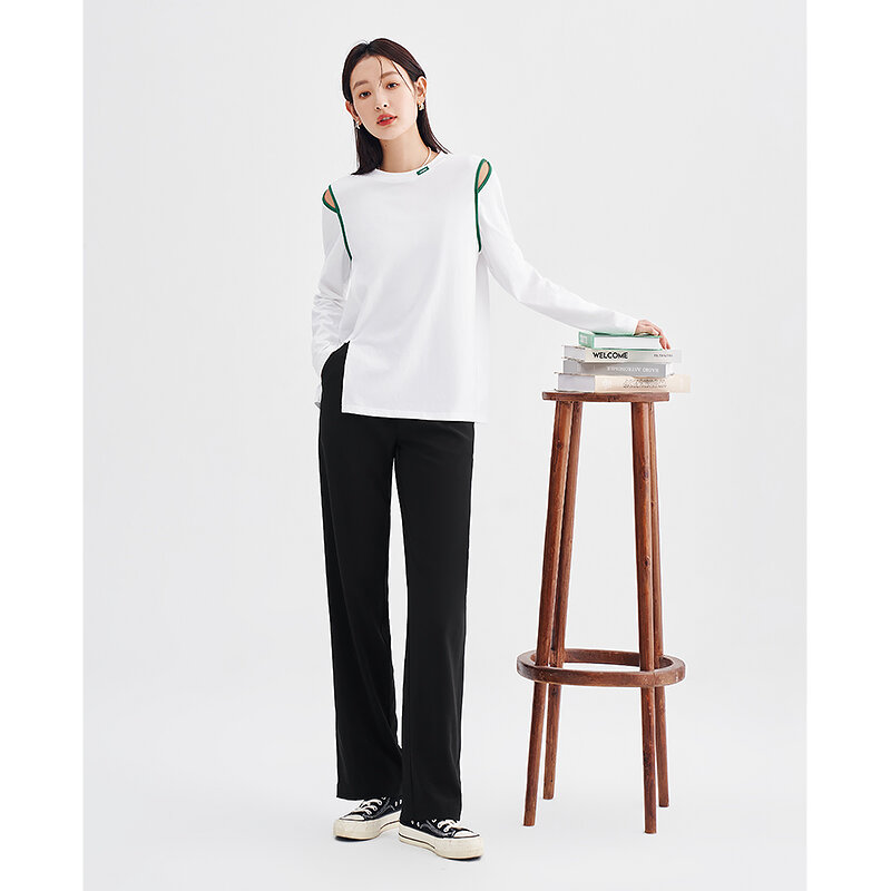 女性のためのエレガントな長袖Tシャツ,ルーズフィット,ラウンドネック,裾なし,対照的な色,快適な綿,2023