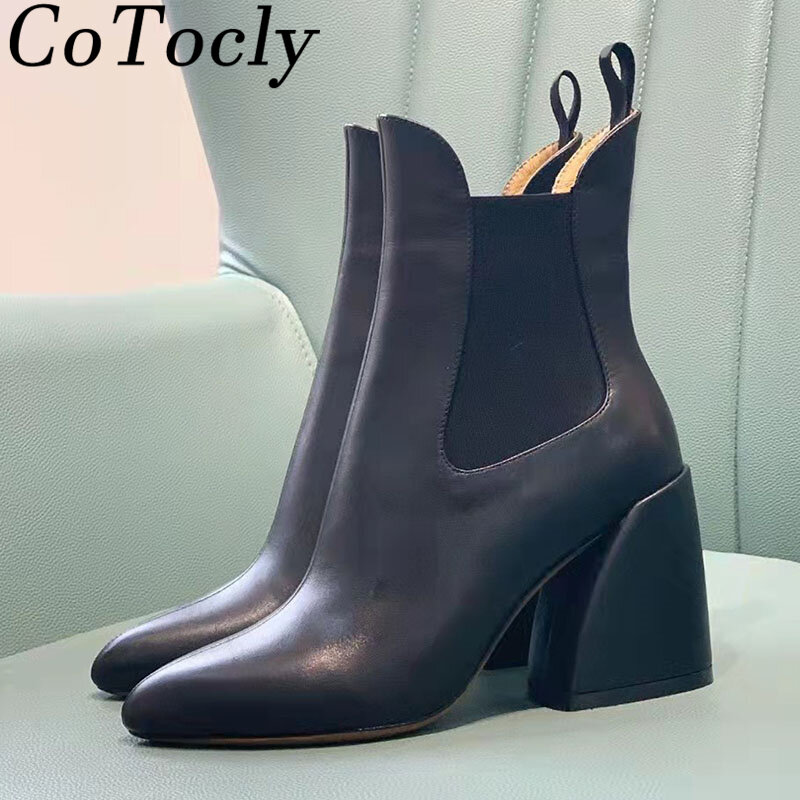 New Square Heel Ankle Boots Women Genuine Leather Pointed Toe Booties Female Brand Shoes Chunky Heel Short Boots Woman