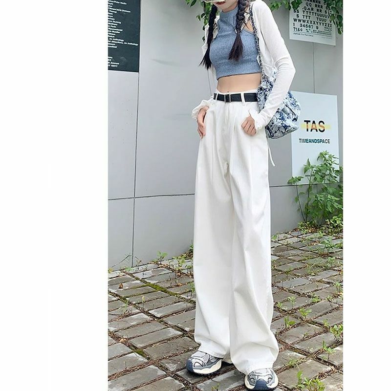 กางเกงยีนส์ขากว้างสีขาวสำหรับผู้หญิงเทรนด์กางเกงลำลองแบบห้อยเข้ารูปใหม่สำหรับฤดูใบไม้ผลิ/ฤดูร้อน2024เกาหลี