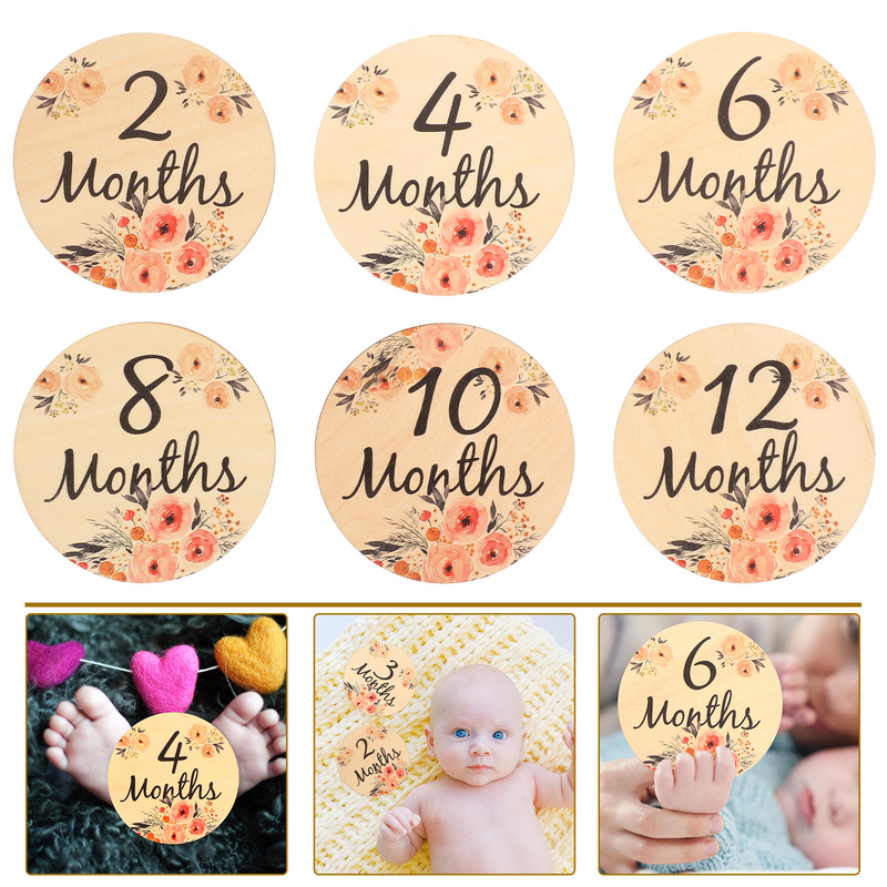 6 Pcs Emblems Milestone Card Double-sided Wooden Monthly Cards for Photo Prop CD Sign Discs