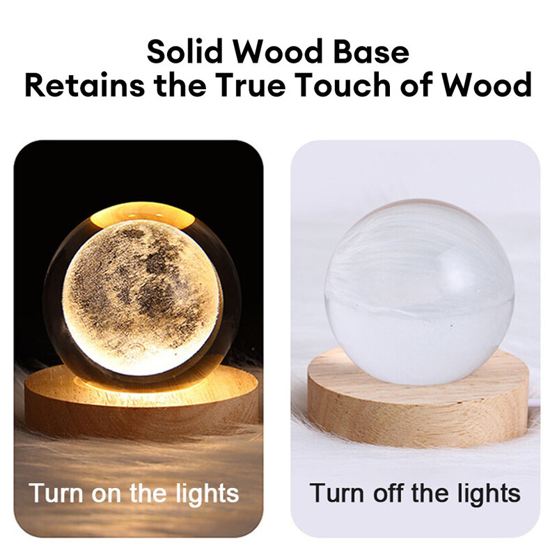 Lámpara de bola de cristal 3D, luz LED cálida de noche con grabado láser, Sistema Solar, globo, universo, regalo de cumpleaños, Base de madera