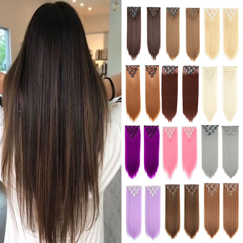 7Pcs/Set 22inch  Synthetic Clip On Hair Extension Straight Hairpiece Curly 16 Clips In Hair Ombre Heat Resistant Fiber
