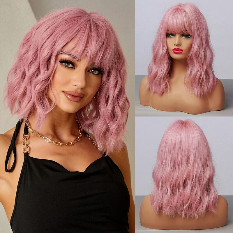 HAIRToxic-Perruque synthétique punwavy avec frange, perruques courtes Bob, perruques roses, bouclées, longueur initiée, cosplay, 03, perruque colorée