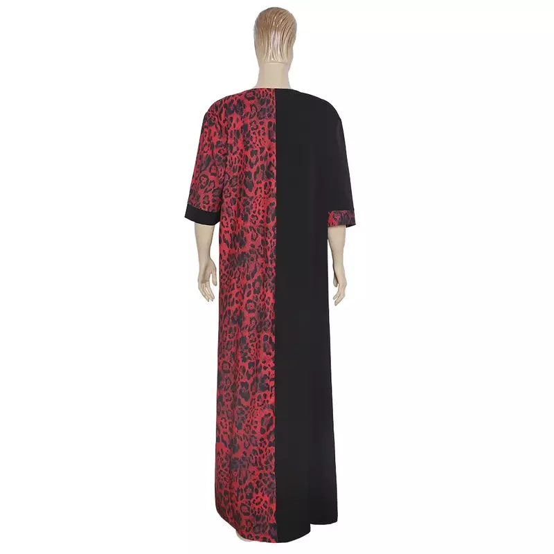 2023 afrykański damski Plus size gorący dekolt w szpic czerwony lampart nadruk patchworkowy luźna sukienka S9059