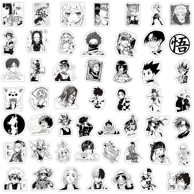 Autocollants Graffiti créatifs de la série Anime, noir et blanc, adaptés aux casques d'ordinateur portable, décoration de bureau, autocollants de bricolage, 50 pièces