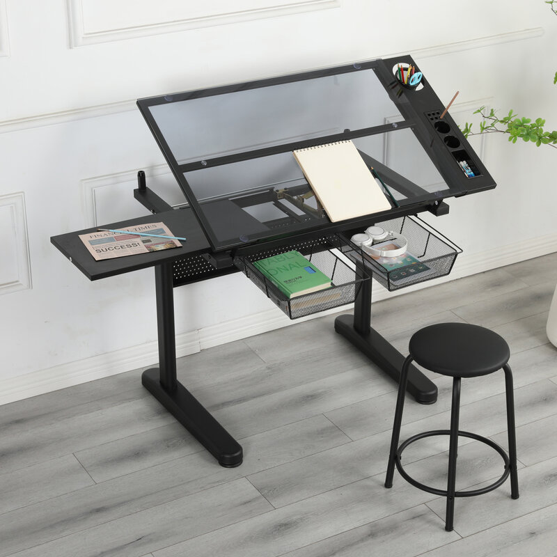 مكتب رسم قابل للتعديل مع كرنك يدوي ، طاولة رسم ، أسود ، درجين معدنين
