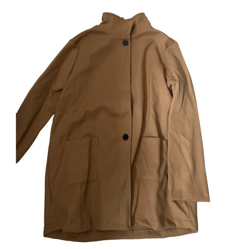 Jaket wanita warna polos, mantel musim dingin kerah tegak modis dengan kehangatan lembut panjang menengah menampilkan Solid untuk ditambahkan