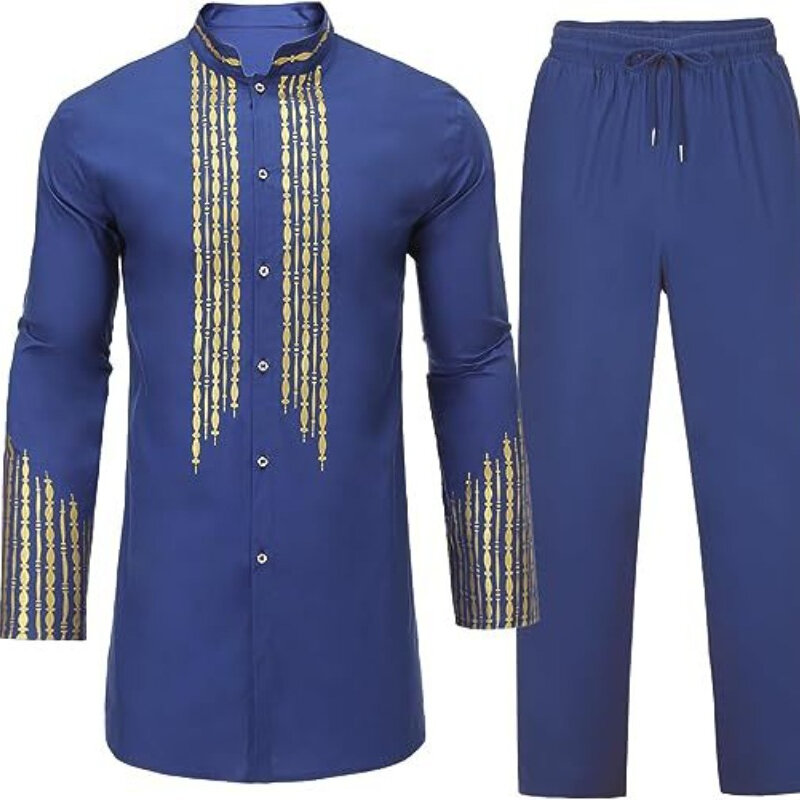 Heren Afrikaanse Heren Pak Bronzing Top En Broek 2-Delige Set Pakistan Moslim Mode Mannen Arabische Kleding