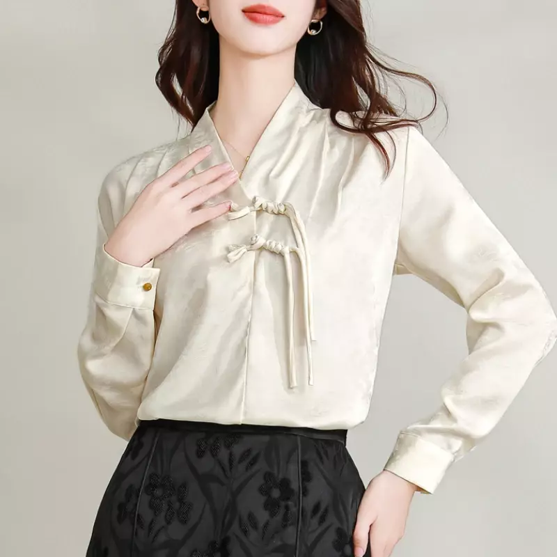 Camisa de cetim estilo chinês para mulheres, blusas vintage de seda, roupas florais, tops soltos primavera-verão, tops femininos completos
