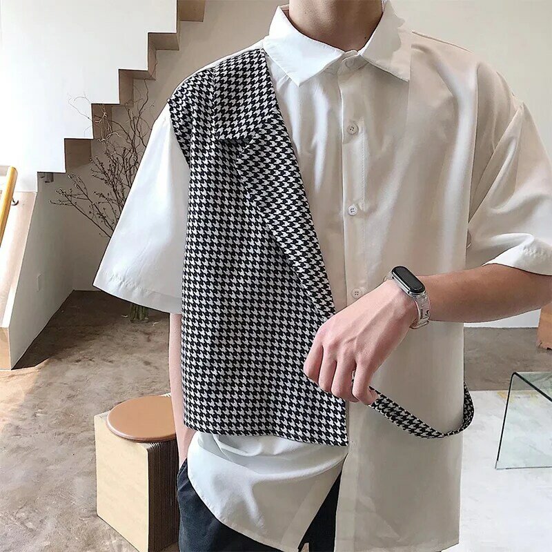 Summer Polo-neck Fake Two Pieces Patchwork Shirt Male Short Sleeve Trend Fashion Casual Buttons Blouse Men Cardigan Top Hombre