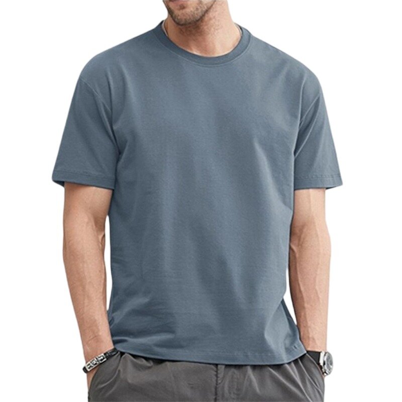 Camiseta monocromática com gola em O masculina, tops de algodão, roupas brancas, plus size, M a 5XL, verão
