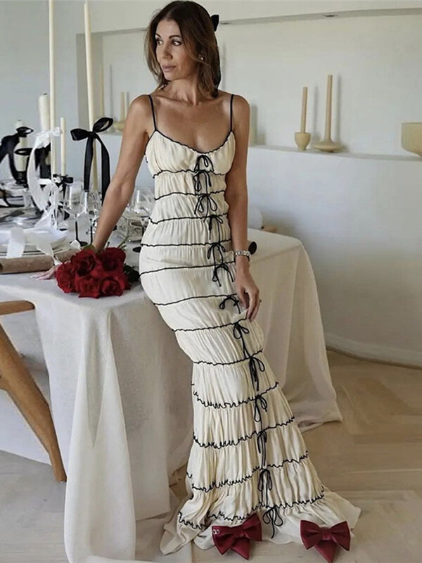 Elegancka francuska plisowana długa sukienka damska temperamentowa talia bez rękawów wąska bez pleców, modna wieczorowa długa sukienka