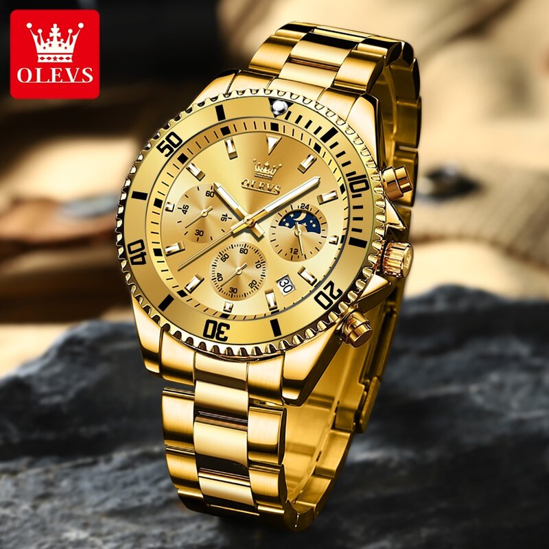 OLEVS Top Wristwatch Brand Stainless Steel Strap Men's Watches Gold Luxury waterproof Original Quartz Watch Moon Phase Luminous