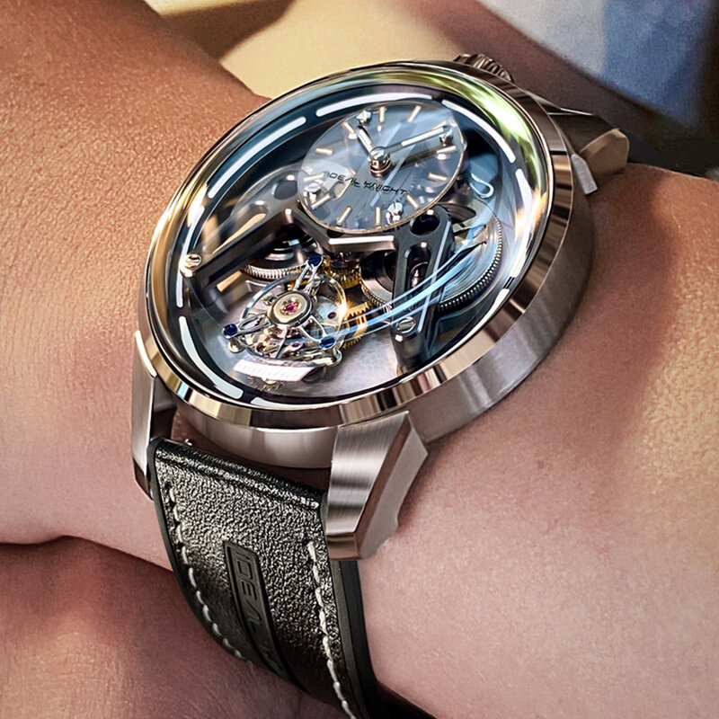 I & k oryginalny zegarek dla mężczyzn szkielet mechaniczny Tourbillon wodoodporny szafirowy kryształ skórzany zegarek luminescencyjny zestaw podarunkowy