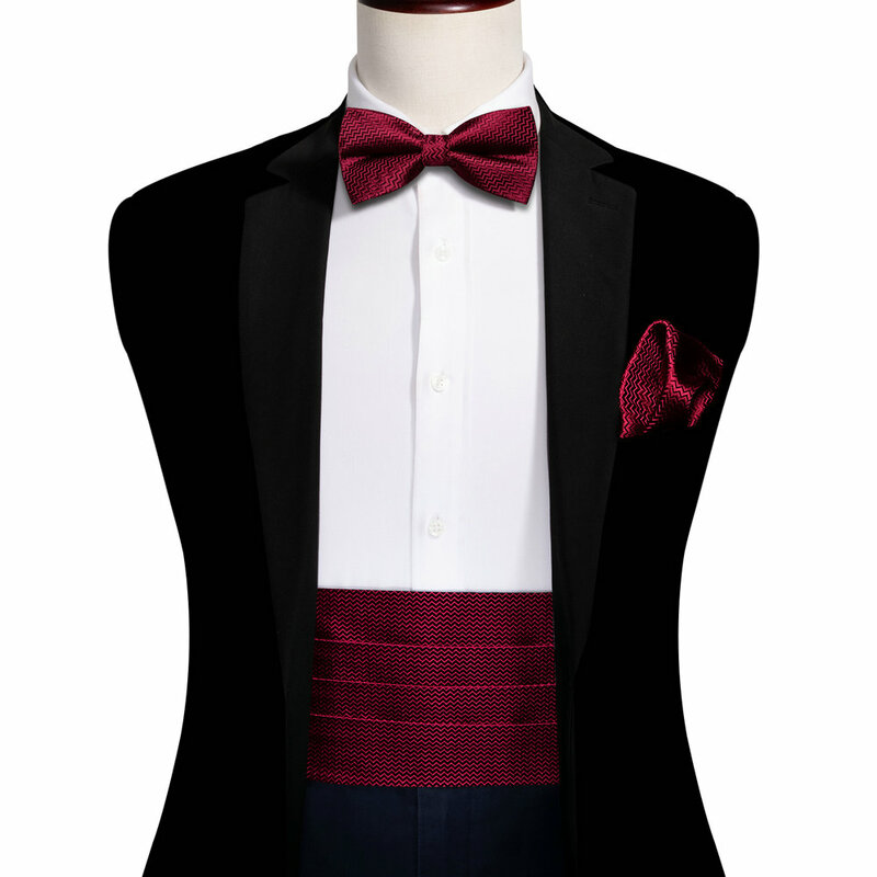 Elegant Wine Red Men Silk Cummerbund For Tuxedo Classic Wave Bowtie Pocket Square Cufflinks Sets Wedding Party Barry.Wang 1067