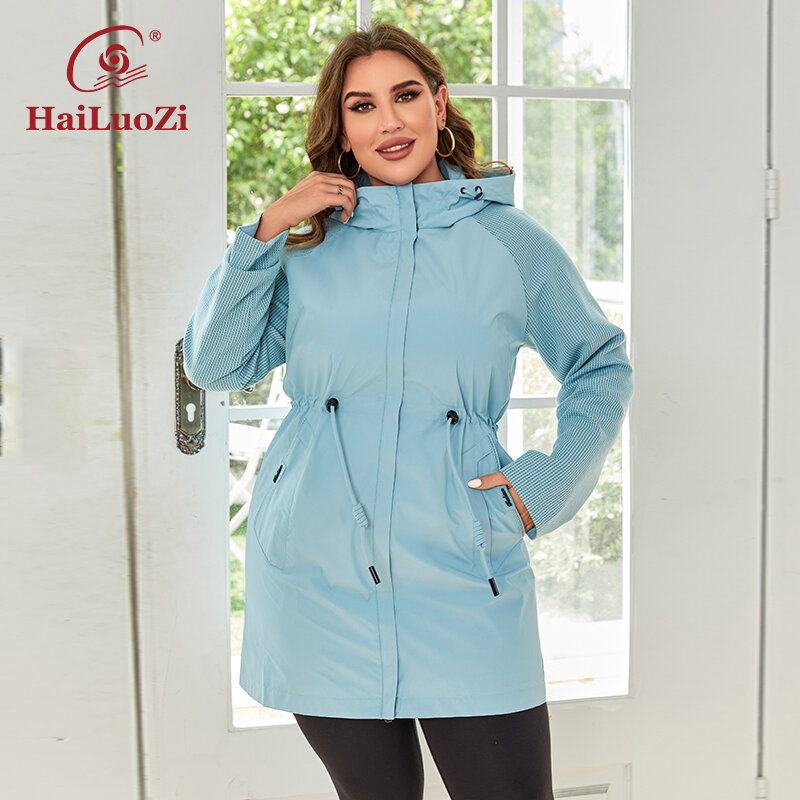 HaiLuoZi 2023 New Autumn Plus Size Women Trench Coat Windproof Mid-Long Female Clothing Hooded Drawstrings  Women's Jacket 730