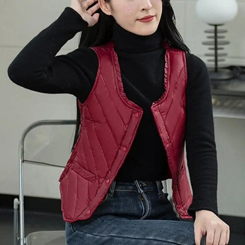 Fall Winter Women Vest Thick Padded Plush U Neck Sleeveless Solid Color Shirring Single-breasted Soft Windproof Lady Waistcoat