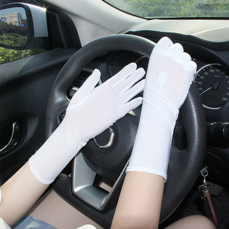 Letnie cienkie haftowane oddychające rękawice do jazdy rękawiczki o średniej długości rękawice przeciwsłoneczne anty UV