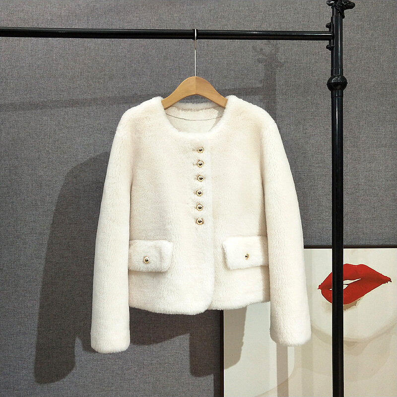 Chaqueta informal de lana auténtica para mujer, abrigo corto de oveja con cuello redondo, cálido y elegante, PT389