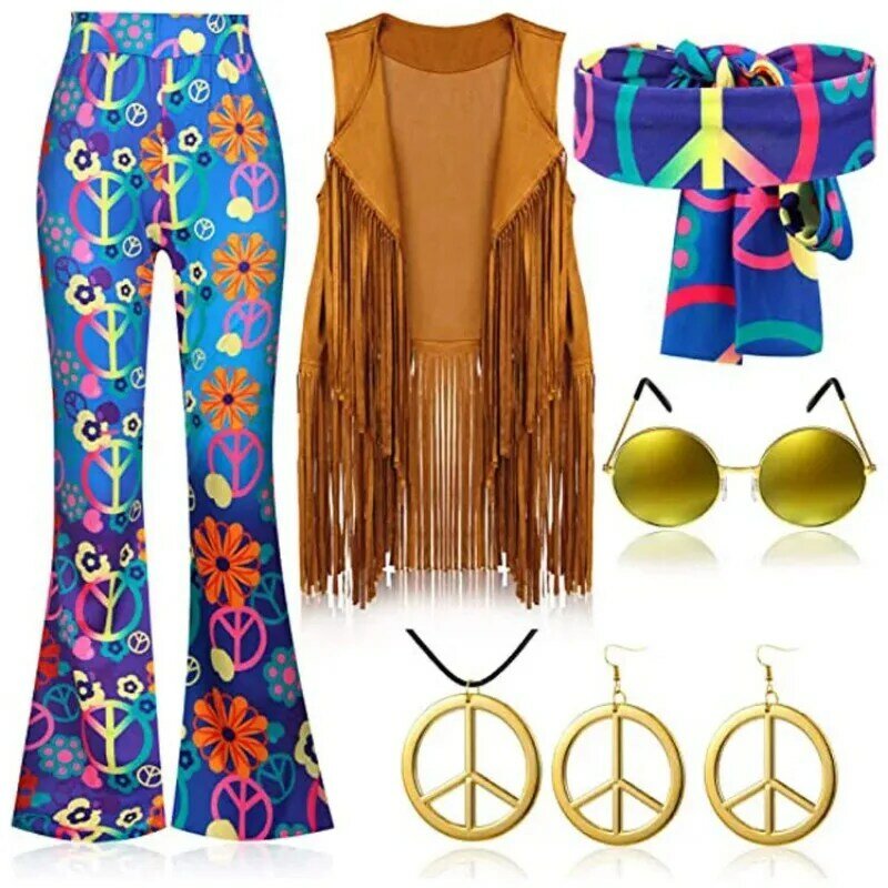 Hippie Disco 60s 70s Cosplay Costume Women Peace Love Girls Hip Indian Tassels Hippie Vest Cardigan Halloween Carnival Party