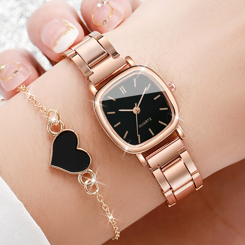 Fashion Women Quartz Wartch Rose Gold Color Stainless Steel Band Analog Watch with lOVE HEART Jewelry Sert