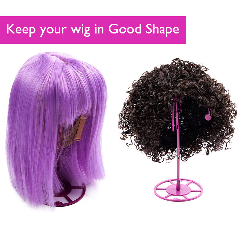 Nunify-portátil plástico peruca stand, peruca cabeça stand, preto e rosa pendurar titular, durável cabelo display ferramentas, peruca acessórios