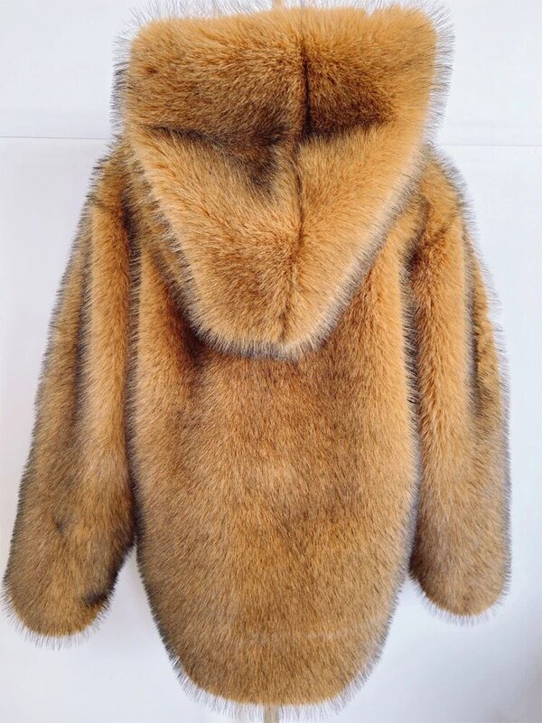 Veste à capuche en fausse fourrure de raton laveur pour femme, manteau moelleux, vêtements chauds, fourrure épaisse, hiver 2023