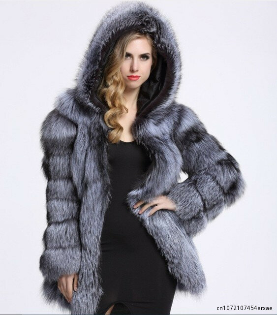 2023 Autumn Winter Women Hooded Fur Coat Mid Length Elegant Luxury Warm Thick Lined Jacket Long Sleeve Fashion Casual