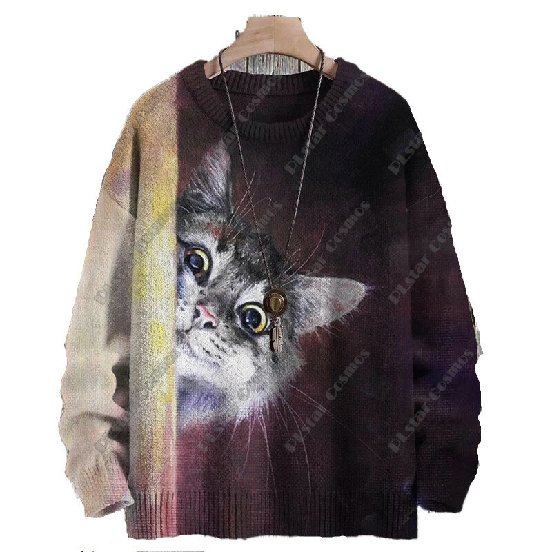 Модная серия с животными, 3D печать, винтажный милый кот, Художественная печать, аутентичный уродливый свитер, зимний Повседневный свитер унисекс 002