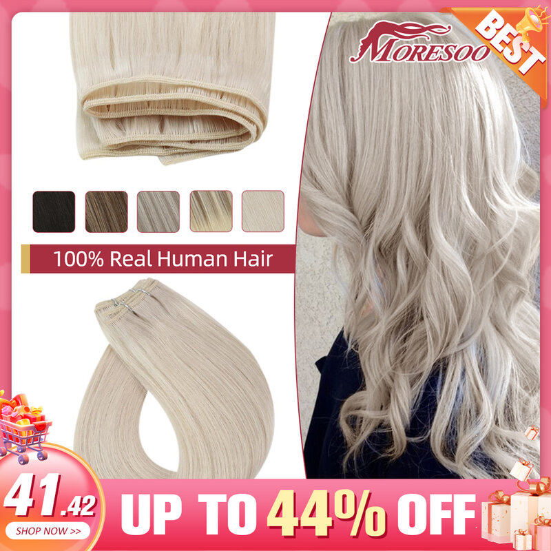 Moressoo-Extensões de cabelo humano de trama reta, 100% cabelo humano real, costurar invisível natural em pacote, 50g por pcs, 14-22"
