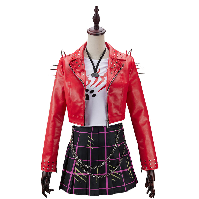 Kostum Cosplay bergaris Anime Toralei jaket kulit imitasi merah rok berlipat kalung gelang untuk wanita setelan karnaval Halloween