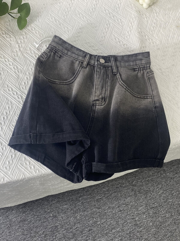 กางเกงยีนส์ทรงเอเอวสูงสำหรับผู้หญิงกางเกงขาสั้นสีดำ celana pendek DENIM สไตล์เกาหลีแนววินเทจแนวฮาราจูกุสำหรับ Y2k ฤดูร้อน