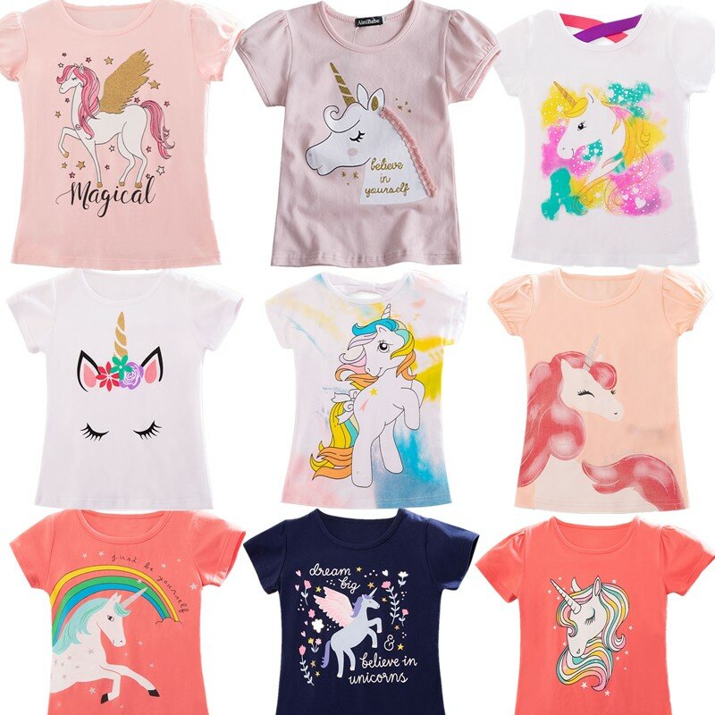 T-shirt pour Enfant Type Unisexe à motif de Licorne en Coton, Vêtement à Manches Courtes, pour Garçon et Fille de 3 à 8 ans, à la Mode, pour Été, 2021