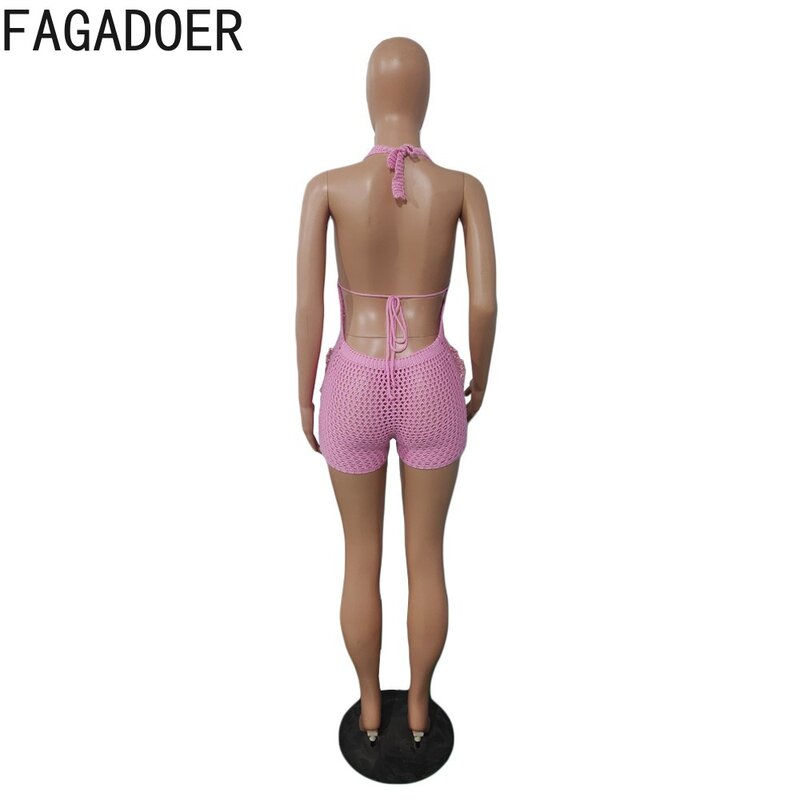 FAGADOER Sexy Tassel Knitting Hollow Out Bodycon Rompers Women Halter Backless Lace Up Slim Jumpsuits Fashion Nightclub Overalls