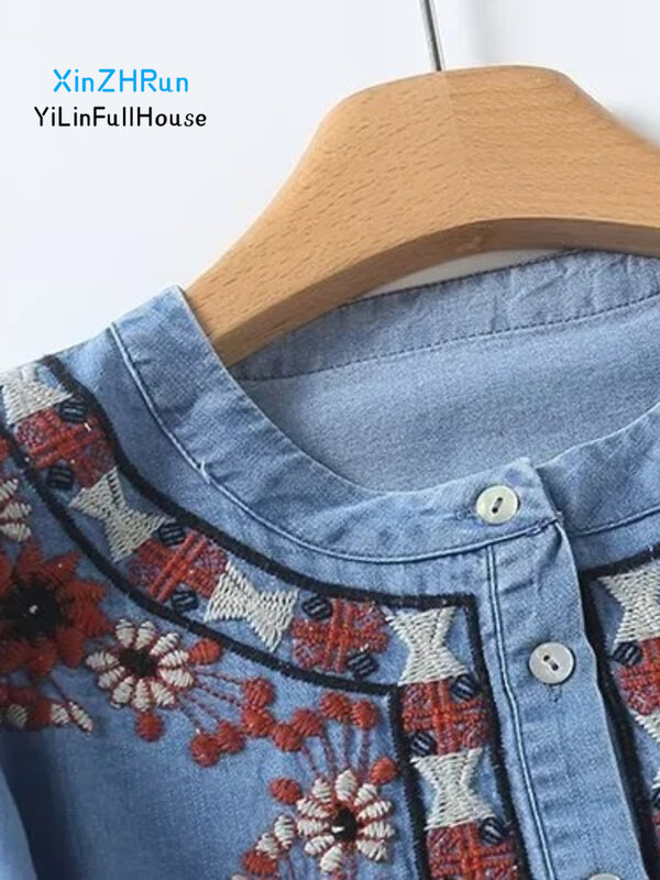 Top jeans feminino bordado em gola redonda, manga emendada, peito único, solto, estilo étnico, primavera, verão, nova moda, 2024