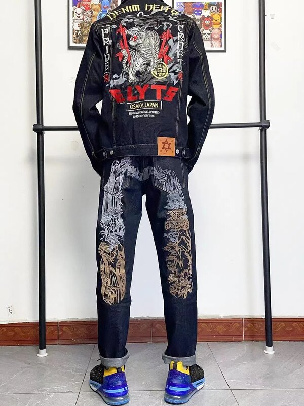 Harajuku Y2k Casual กางเกง Evisus กางเกงยีนส์ปักกางเกงยีนส์ตรงกางเกงขากว้างสำหรับผู้ชาย High Street Hip Hop Streetwear