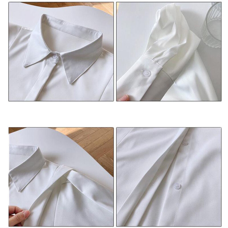 Blouses-blusa de chiffon manga longa feminina, camisa, basic, branca, preta, elegante, vintage, ru, para escritório, casual, básica