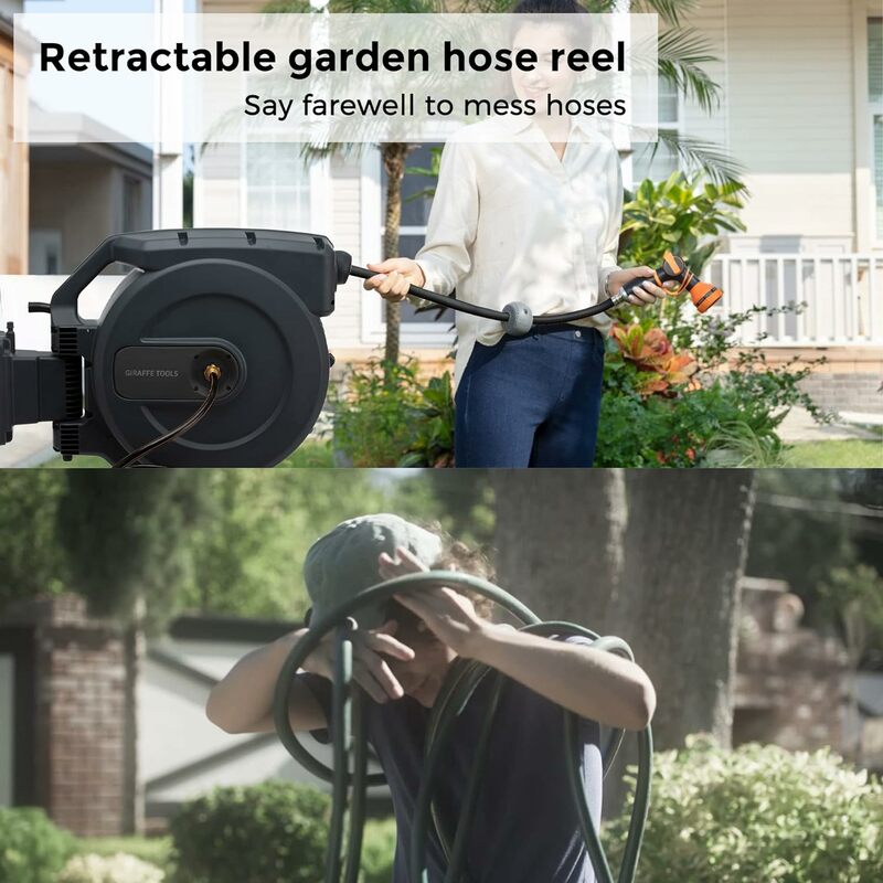 Hose Reel 1/2" x 155 ft, Heavy Duty Retractable Garden Hose Reel with Any Length Lock, Slow Return System, Wall Mounted