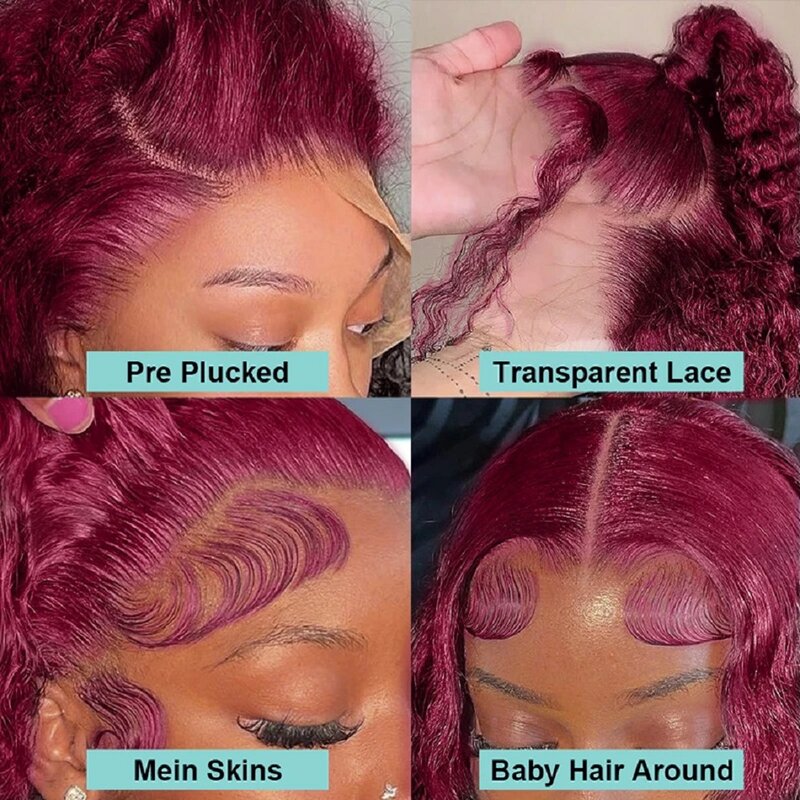 Perruque Lace Front Wig Naturelle Bouclée Bordeaux 99J, Cheveux Humains, Deep Wave, 13x4, 13x6 HD, 40 Pouces, 250% de Densité, pour Femme