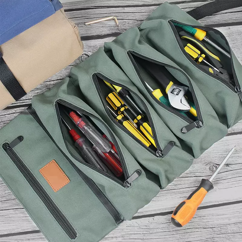 Bolsa de almacenamiento de herramientas de lona impermeable, bolso de mano enrollable de bolsillo de cinco rejillas para herramientas, llave, destornillador, alicates, Organizador