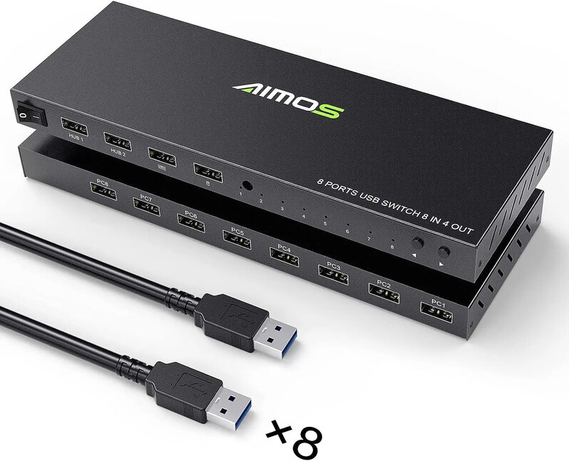 AIMOS KVM 8 in 4 Out USB 프린터 공유 스위처 허브, 마우스, 키보드, 스캐너 등용 스위치 박스, 4 USB 장치 공유, 8 PC