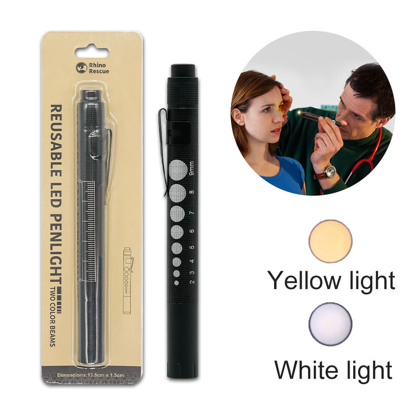 2 count,Rhino Rescue LED Penlight Nurse Medical Pen Light With Pupil Gauge and Ruler for Nursing Doctors without Batteries